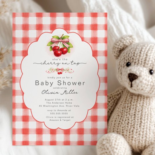 Cherry on Top Gingham Baby Shower 招待状