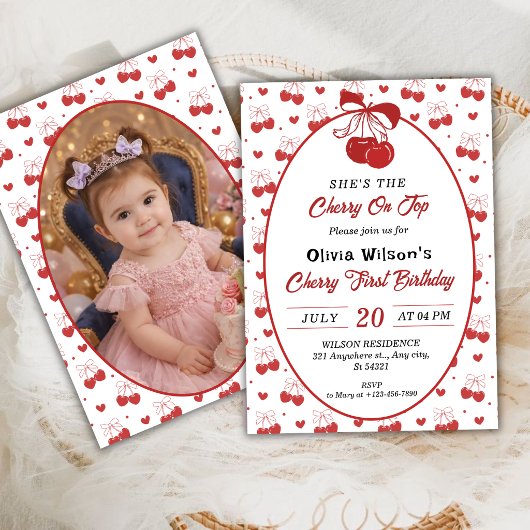 Cherry on Top Girl 1st Birthday with Photo 招待状