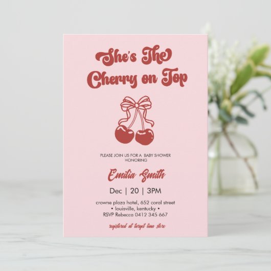 Cherry on Top hand drawn girl Baby Shower 招待状 (スタンド正面)