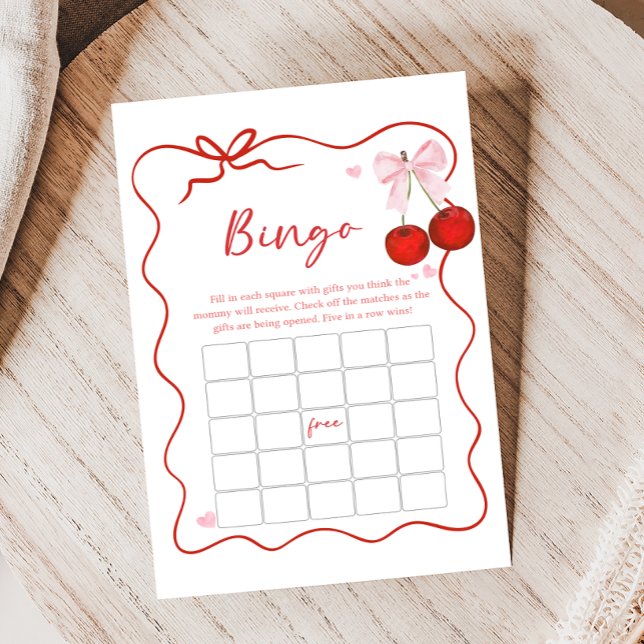 Cherry on Top Pink Bow Baby Shower Bingo Game (Coquette Cherry on Top Baby Shower Game)
