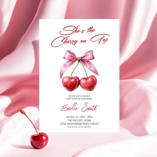  Cherry on Top pink bow Baby Shower Invitation 招待状