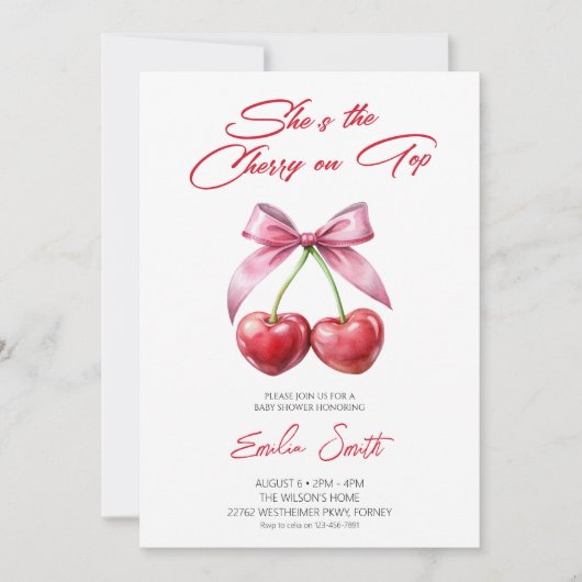  Cherry on Top pink bow Baby Shower Invitation 招待状 (正面)