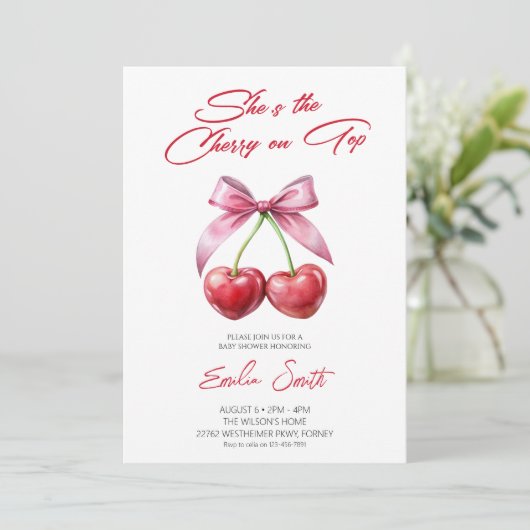  Cherry on Top pink bow Baby Shower Invitation 招待状 (スタンド正面)