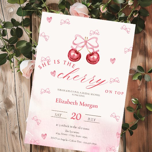 Cherry On Top Pink Bow Bridal Shower 招待状