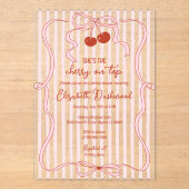 Cherry on Top Pink Bow Classy Stripes Bridal Showe アクリル招待状 (正面)