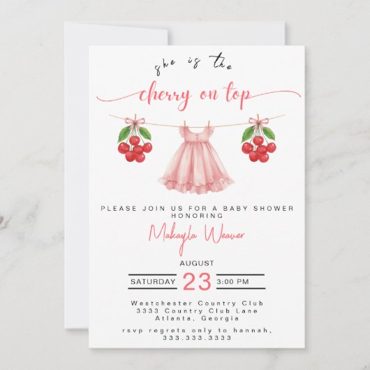 Cherry on top Pink Bow Coquette Berry Baby Shower 招待状 (正面)