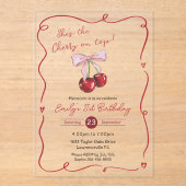Cherry on Top Pink Bow Coquette Birthday アクリル招待状 (正面)
