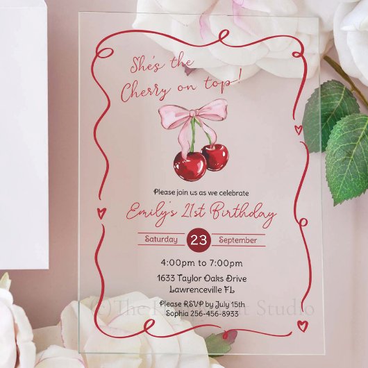Cherry on Top Pink Bow Coquette Birthday アクリル招待状