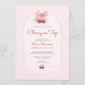 Cherry on Top Pink Bow Gingham Baby Shower 招待状 (正面)