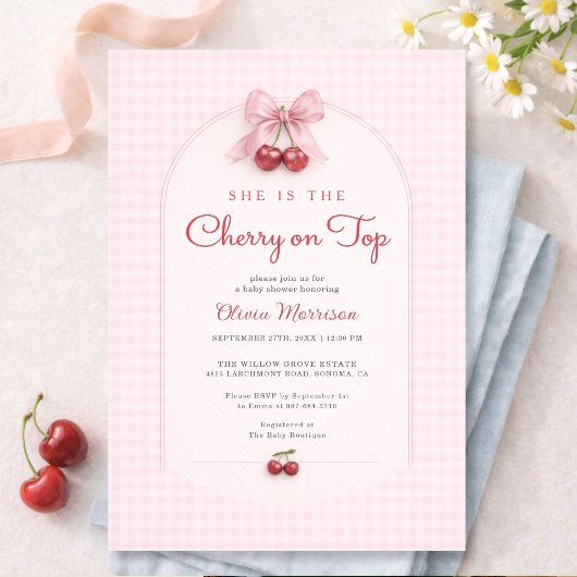 Cherry on Top Pink Bow Gingham Baby Shower 招待状