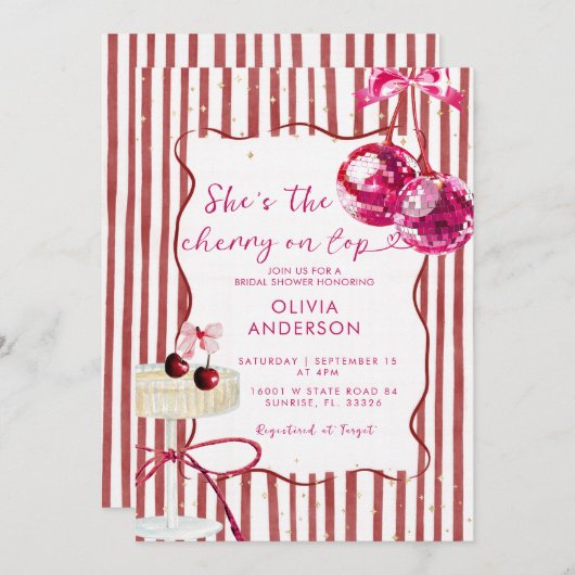 Cherry On Top Pink Disco Balls Bridal Shower 招待状 (正面/裏面)
