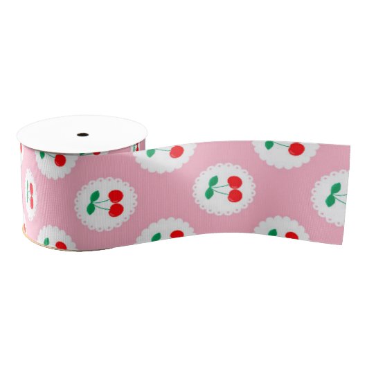 Cherry Pattern – Retro Fruit Gift & Decor グログランリボン (リール)