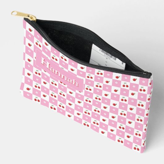 Cherry Pink And White Gingham Pattern Zipper Pouch アクセサリーポーチ (見開き)