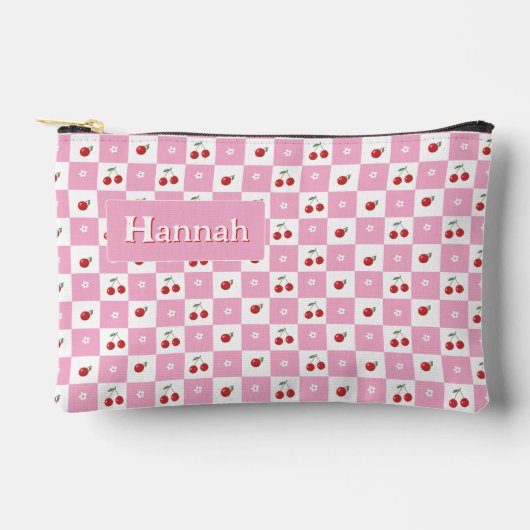 Cherry Pink And White Gingham Pattern Zipper Pouch アクセサリーポーチ (正面)