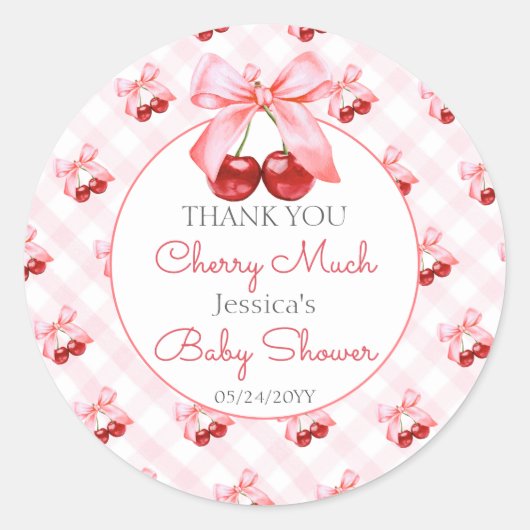 Cherry Pink Bow Baby Shower ラウンドシール (正面)