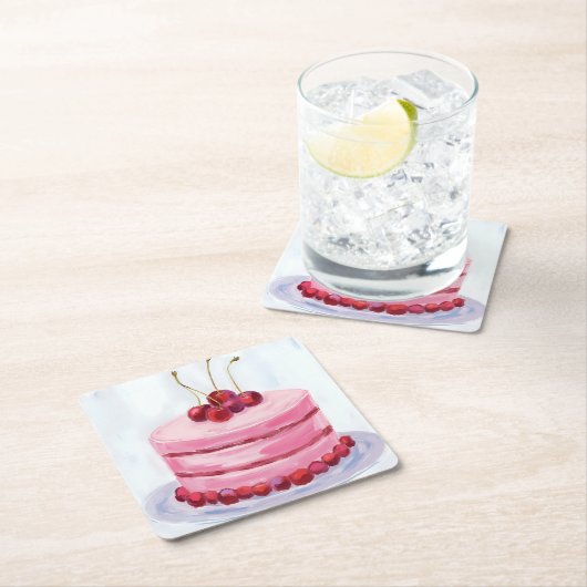 Cherry Pink Cake Watercolor Celebration Party スクエアペーパーコースター (インサイチュ)