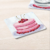 Cherry Pink Cake Watercolor Celebration Party スクエアペーパーコースター (アングル)