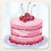 Cherry Pink Cake Watercolor Celebration Party スクエアペーパーコースター (正面)