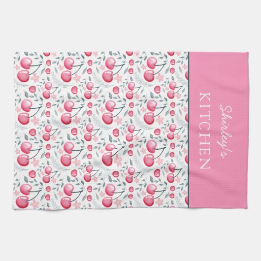 Cherry Pink Personalized Tea Towel | Custom Name K キッチンタオル (横)