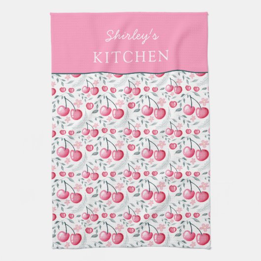 Cherry Pink Personalized Tea Towel | Custom Name K キッチンタオル (縦)