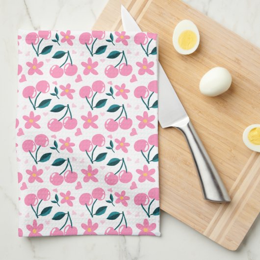 Cherry Pink Personalized Tea Towel | Custom Name K キッチンタオル (四つ折り)