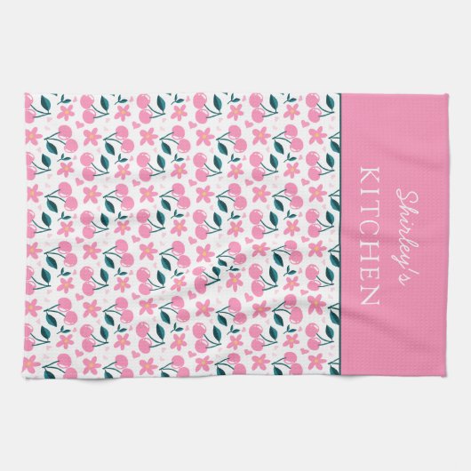 Cherry Pink Personalized Tea Towel | Custom Name K キッチンタオル (横)