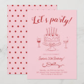 Cherry Pink Red Birthday Cake Invitation 招待状 (正面/裏面)