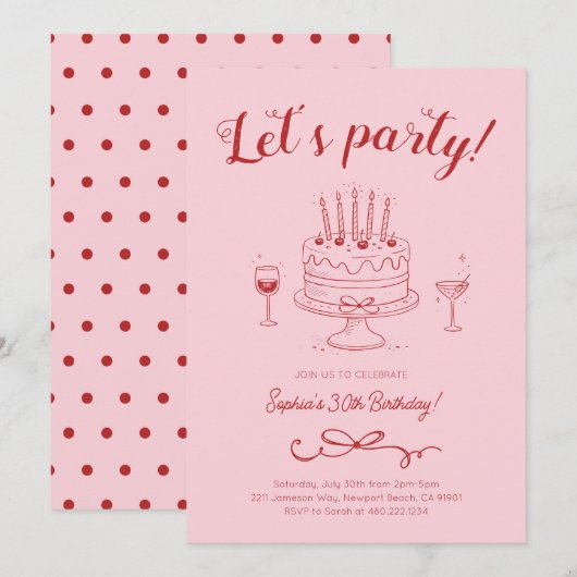 Cherry Pink Red Birthday Cake Invitation 招待状 (正面/裏面)