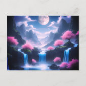 cherry pink tree-Moonlit Waterfall with mountains ポストカード (正面)
