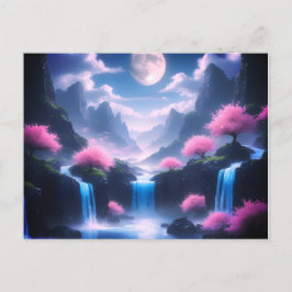 cherry pink tree-Moonlit Waterfall with mountains ポストカード