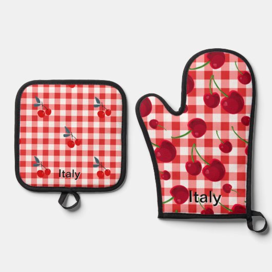 Cherry print pot holders - Italian kitchen  鍋つかみ&鍋敷きセット (正面)