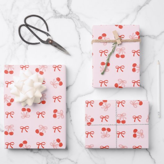 Cherry Red Coquette Bow Girly Wrapping Paper Set ラッピングペーパーシート (正面)