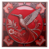 Cherry red faux relief Art Nouveau Hummingbird L タイル (正面)