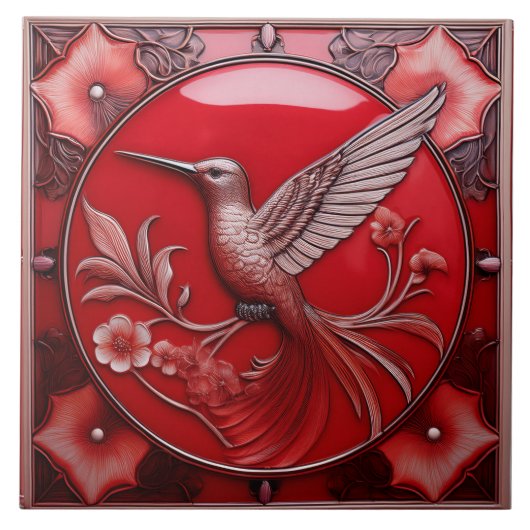 Cherry red faux relief Art Nouveau Hummingbird L タイル (正面)