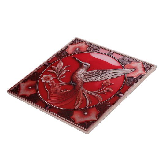 Cherry red faux relief Art Nouveau Hummingbird L タイル (側面)