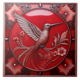 Cherry red faux relief Art Nouveau Hummingbird R タイル