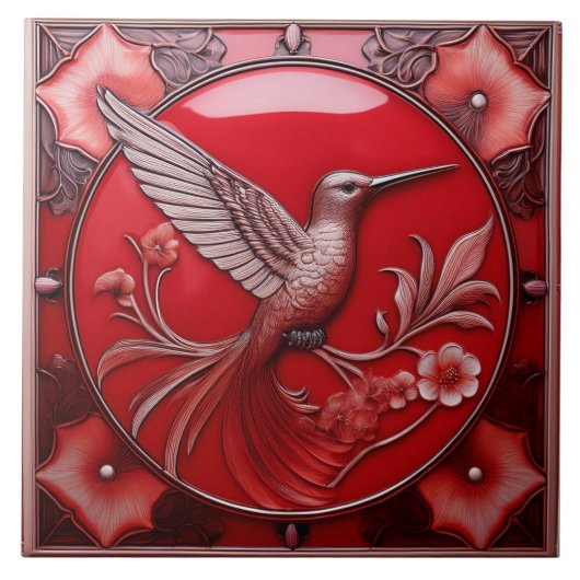 Cherry red faux relief Art Nouveau Hummingbird R タイル (正面)