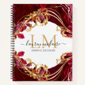 Cherry Red & Gold Monogram Name Script Notebook ノートブック (正面)