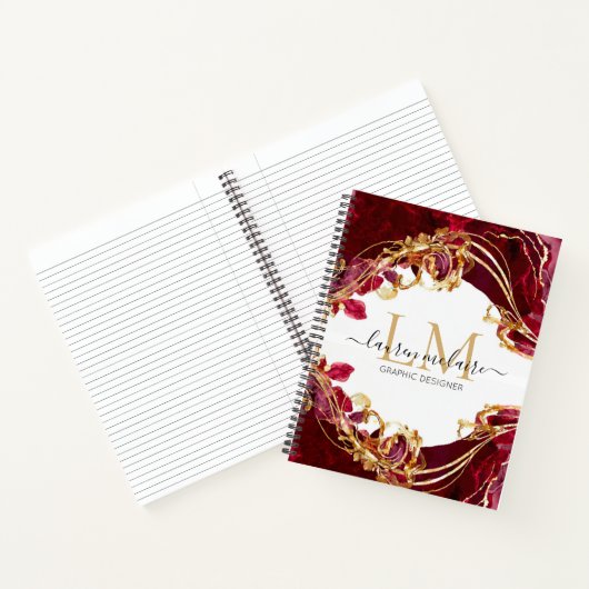 Cherry Red & Gold Monogram Name Script Notebook ノートブック (内部)