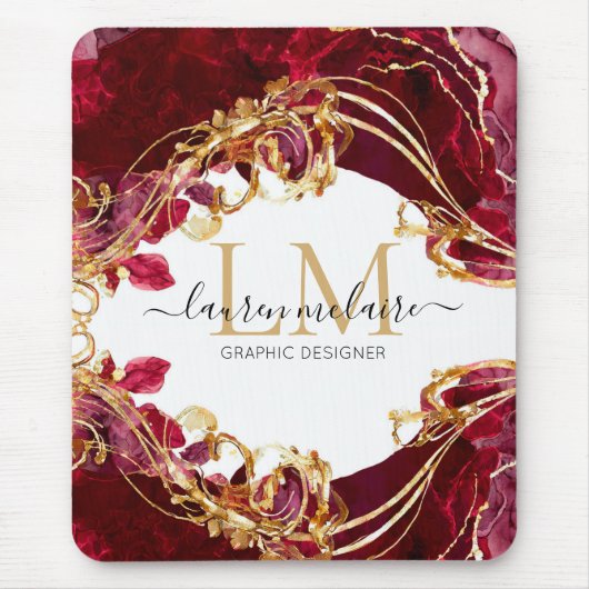 Cherry Red & Gold Monogram Script マウスパッド (正面)