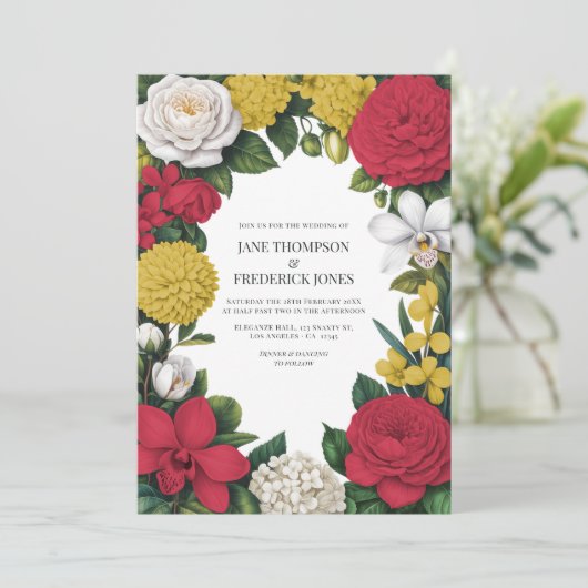 Cherry Red, White & Gold Floral Wedding 招待状 (スタンド正面)