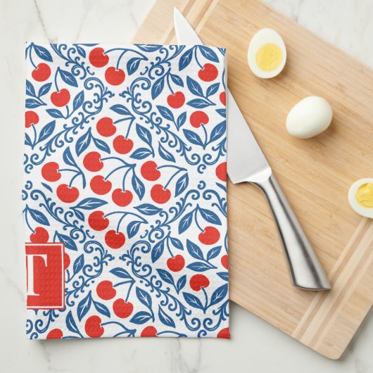 Cherry Rustic Farmhouse French Country Monogram キッチンタオル (四つ折り)