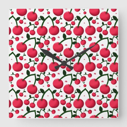 Cherry Seamless Pattern, Red Fruit Pattern, Cute C スクエア壁時計 (正面)