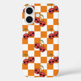 Cherry Skull Checkerboard – Cute Goth Vibes iPhone 16ケース