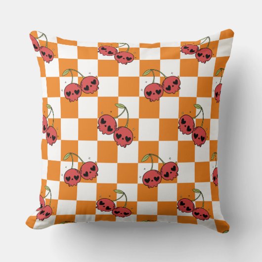 Cherry Skull Checkerboard – Cute Kawaii Vibes クッション (正面)