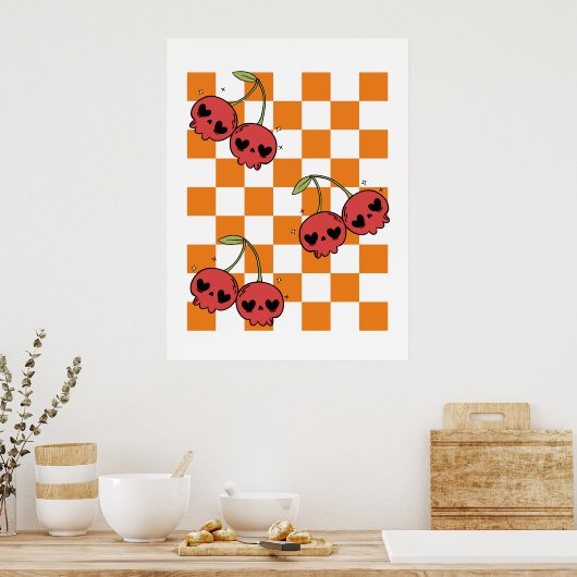 Cherry Skull Checkerboard – Punk Wall Art ポスター (キッチン)