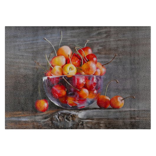 Cherry Still Life in Glass Stretched Canvas Print カッティングボード (正面)