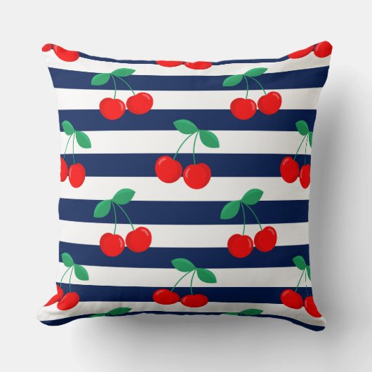 Cherry Stripe Pattern – Retro Fruit Gift & Decor クッション (正面)