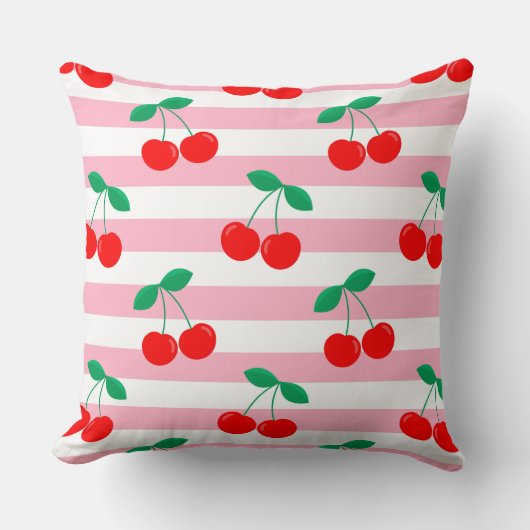 Cherry Stripe Pattern – Retro Fruit Gift & Decor クッション (正面)