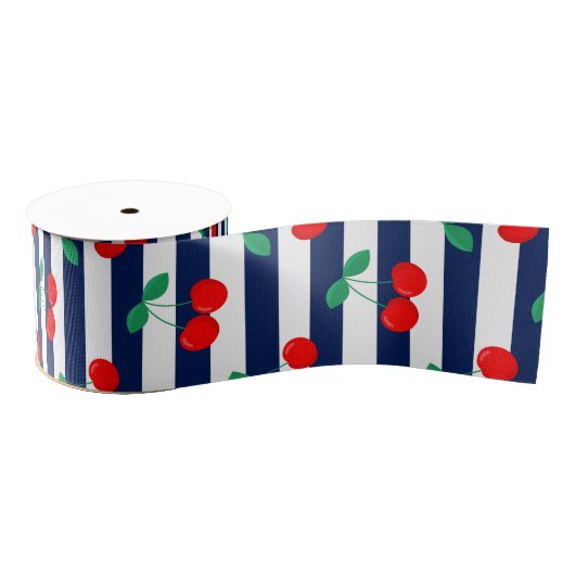 Cherry Stripe Pattern – Retro Fruit Gift & Decor グログランリボン (リール)